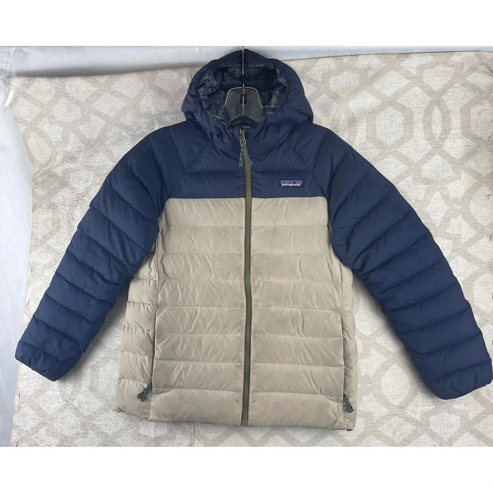 Patagonia Kids Reversible Down Sweater Hoody Navy‎ Tan Blue Pattern Size M 10